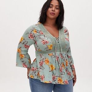 Torrid Green Floral Crinkle Gauze & Crochet Babydoll Top
